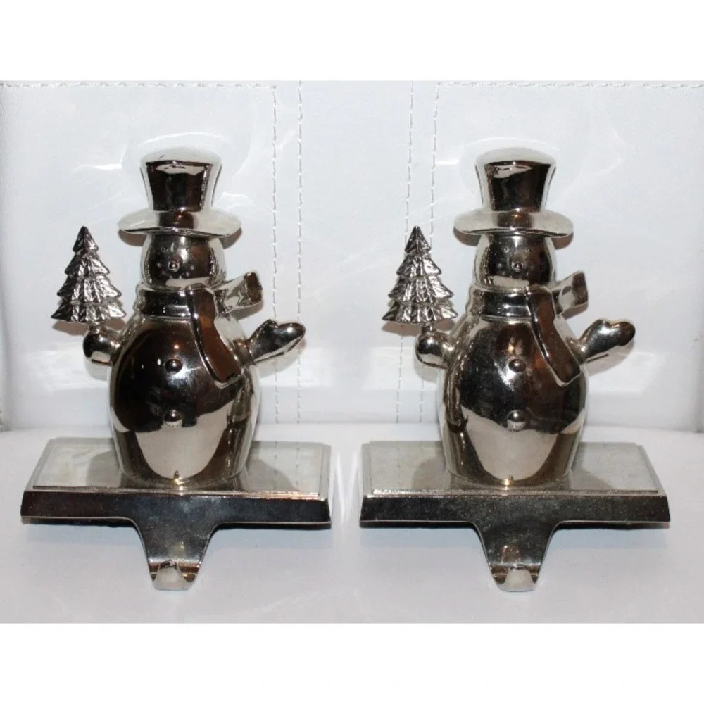 pair metal snowman stocking hangers‎ silver tone holding Christmas tree lot of 2